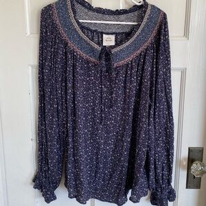 Knox Rose navy blue floral print embroidered collar blouse - XXL